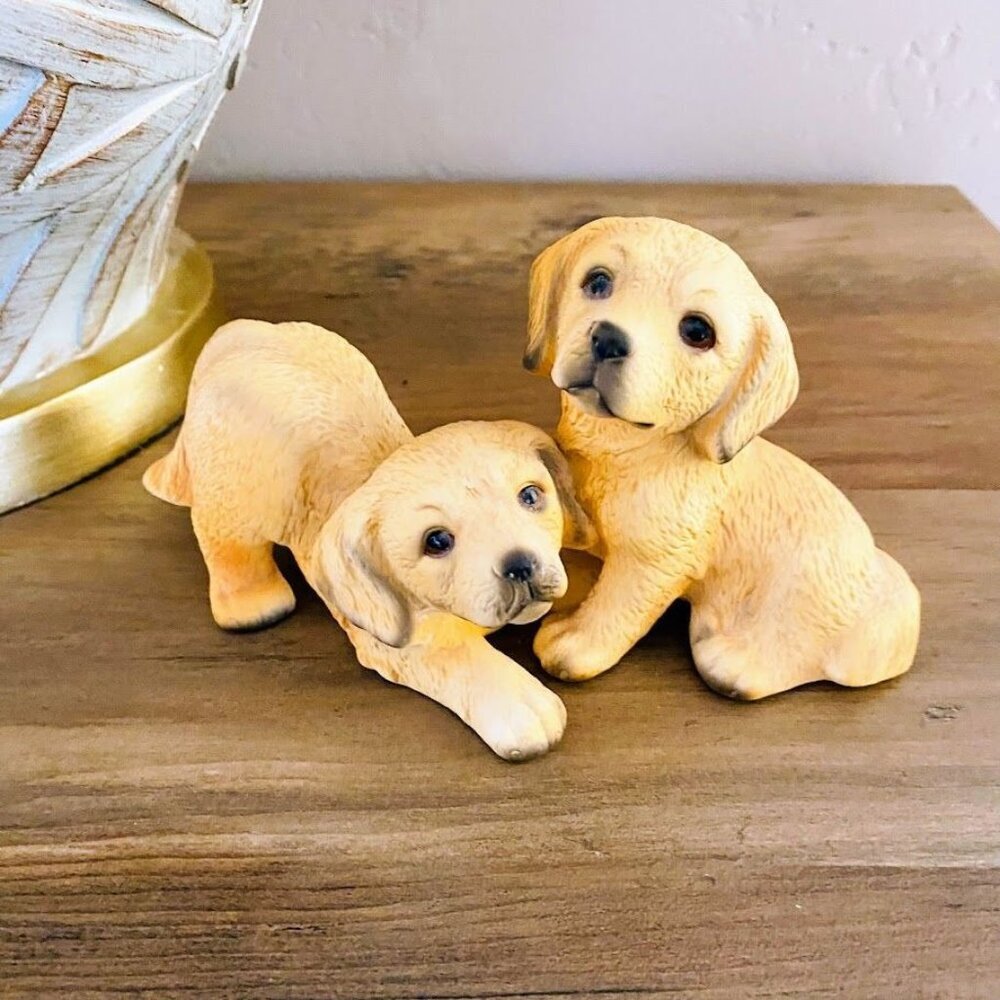 Vintage Porcelain Yellow Labrador Puppy Figurine Duo